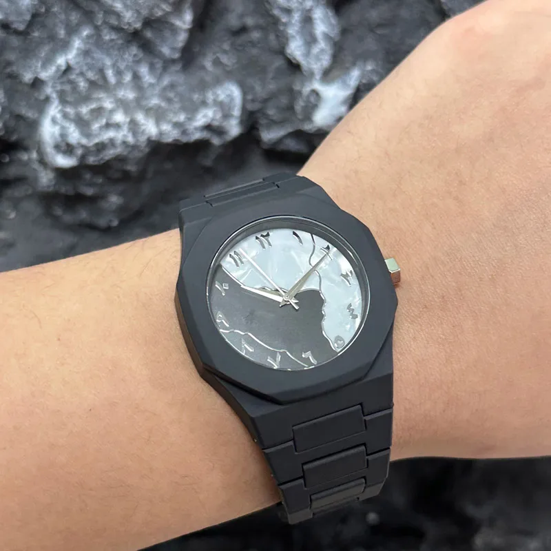 Silver Gray Shell Pattern Polycarbonate Plastic Middle Eastern Arabic Numeral Dial Waterproof Quartz Men's Watch Customized - Image 5