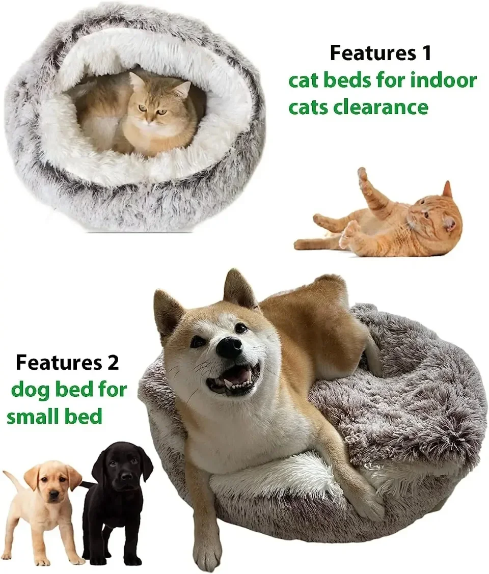 Soft Plush Round Cat Bed Warm Comfortable Winter Long Plush Pet Cat Bed Round Semi Enclosed Cat Nest For Small Dogs Sleep Bag - Image 14