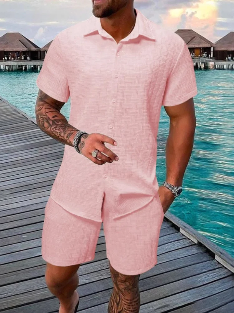 2025 New Summer Men's casual daily outdoor travel solid color jacquard lapel short-sleeved Shirt drawstring Shorts two-piece Set - Image 4