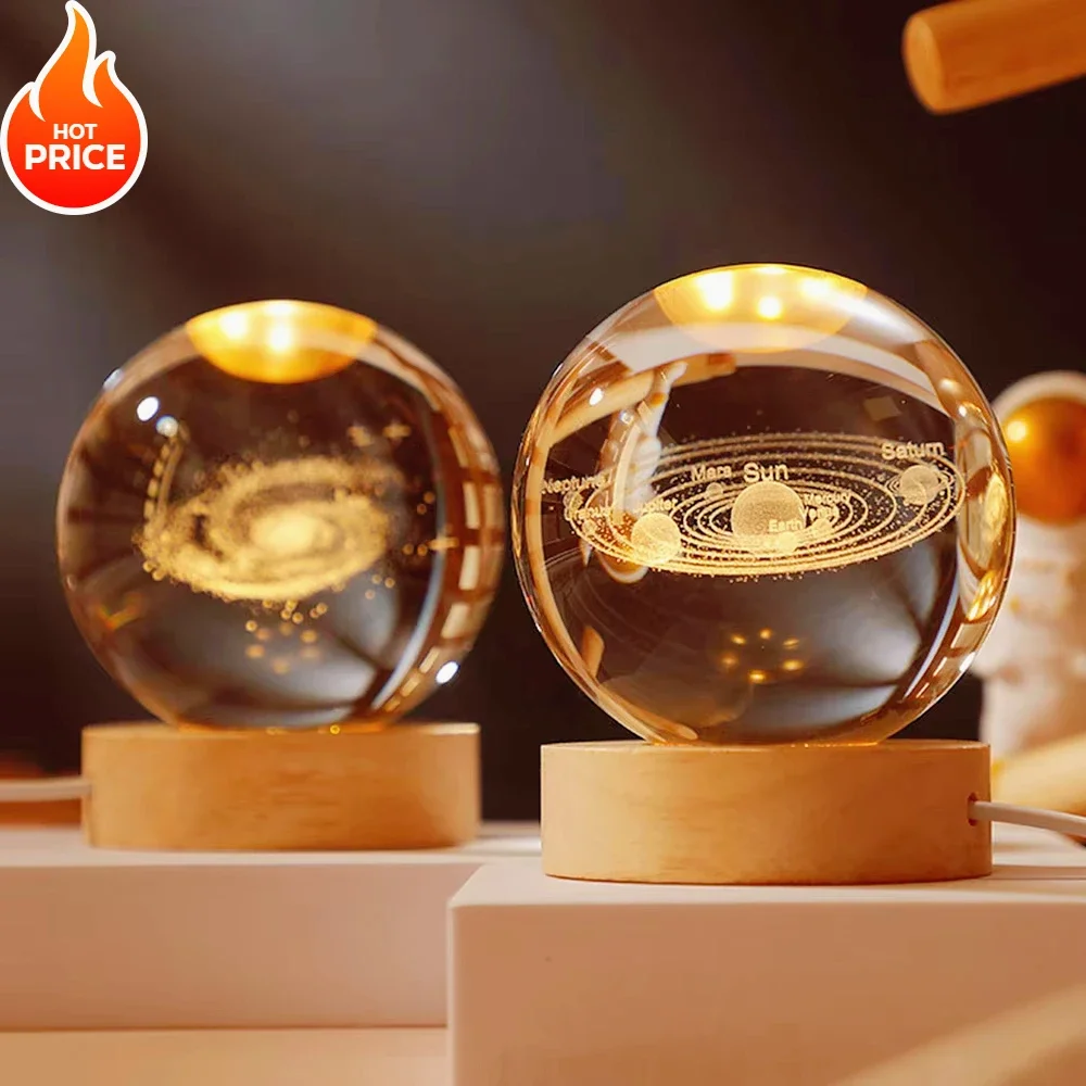 3D Crystal Ball Lamp Laser Engraved Solar System Planet Moon Night Lights Home Desktop Decor Valentine's Day Kids Birthday Gift