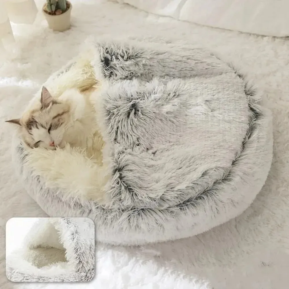 Soft Plush Round Cat Bed Warm Comfortable Winter Long Plush Pet Cat Bed Round Semi Enclosed Cat Nest For Small Dogs Sleep Bag - Image 2