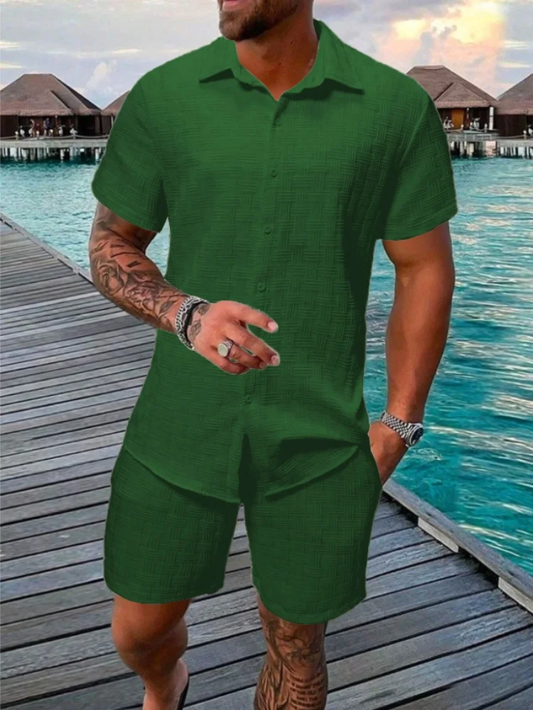 2025 New Summer Men's casual daily outdoor travel solid color jacquard lapel short-sleeved Shirt drawstring Shorts two-piece Set - Image 10