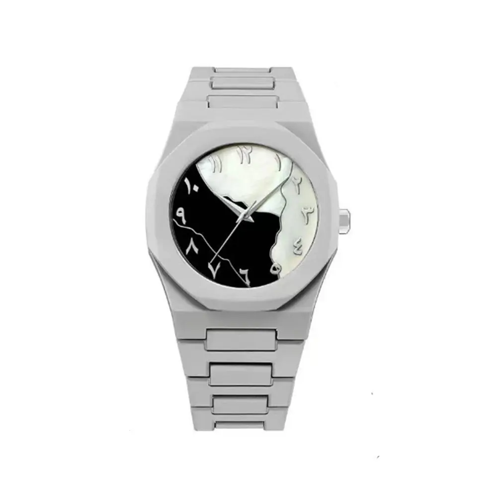 Silver Gray Shell Pattern Polycarbonate Plastic Middle Eastern Arabic Numeral Dial Waterproof Quartz Men's Watch Customized