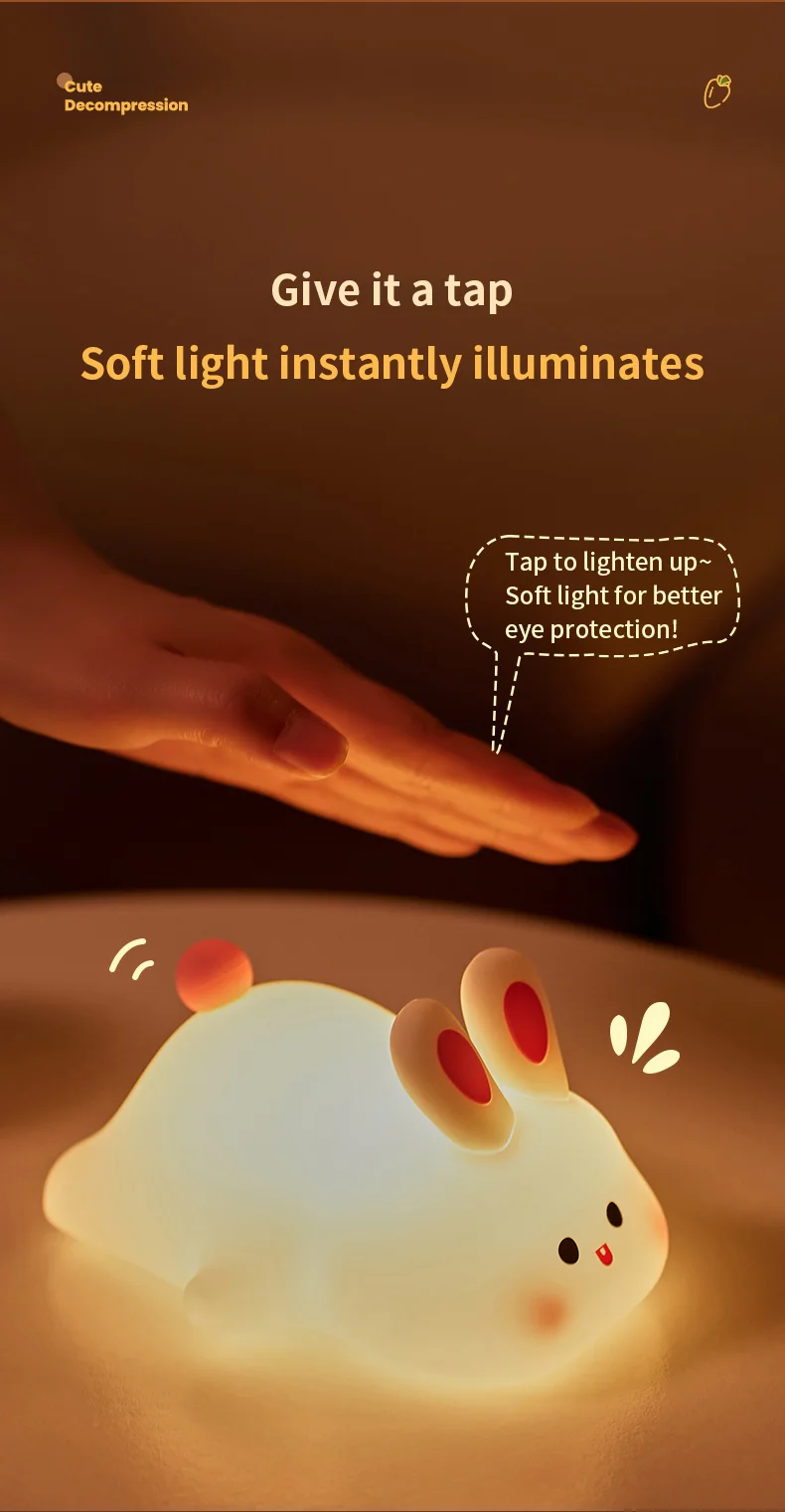 1pc Cute Rabbit-shaped USB Rechargeable Silicone Night Light for Bedroom - Eye Protection Sleep Bedside Lamp Desk Lighting - Image 10