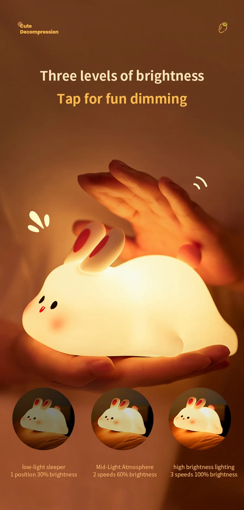 1pc Cute Rabbit-shaped USB Rechargeable Silicone Night Light for Bedroom - Eye Protection Sleep Bedside Lamp Desk Lighting - Image 11