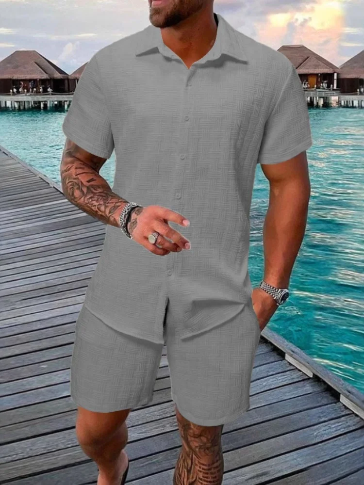 2025 New Summer Men's casual daily outdoor travel solid color jacquard lapel short-sleeved Shirt drawstring Shorts two-piece Set - Image 6