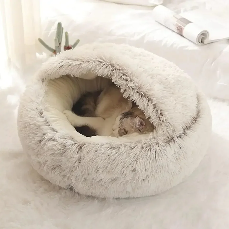 Soft Plush Round Cat Bed Warm Comfortable Winter Long Plush Pet Cat Bed Round Semi Enclosed Cat Nest For Small Dogs Sleep Bag - Image 10