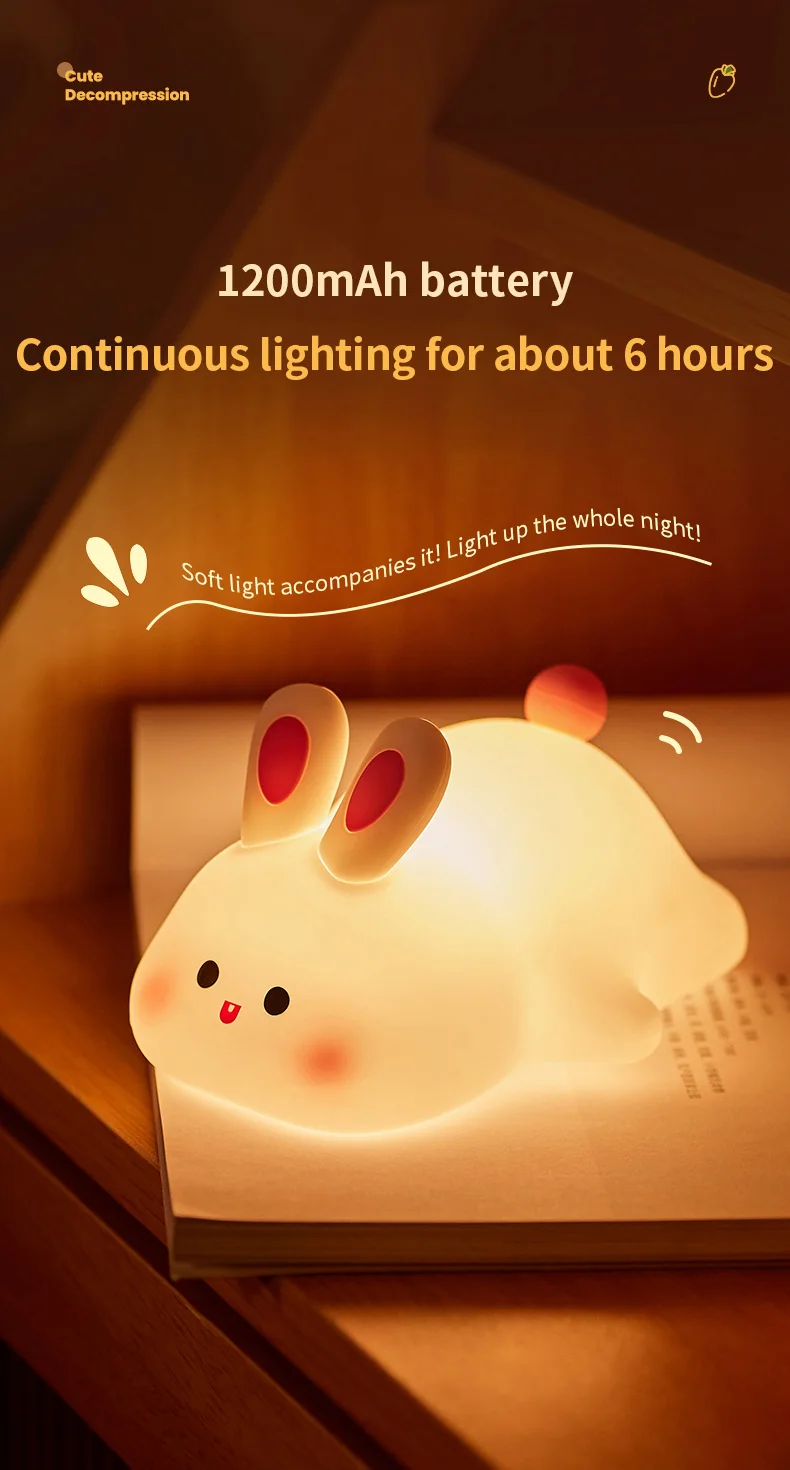 1pc Cute Rabbit-shaped USB Rechargeable Silicone Night Light for Bedroom - Eye Protection Sleep Bedside Lamp Desk Lighting - Image 15