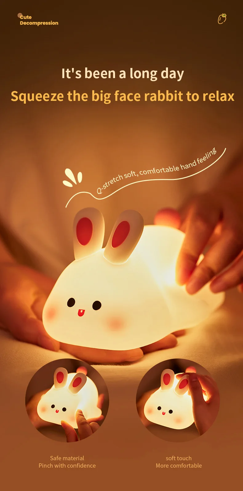 1pc Cute Rabbit-shaped USB Rechargeable Silicone Night Light for Bedroom - Eye Protection Sleep Bedside Lamp Desk Lighting - Image 9