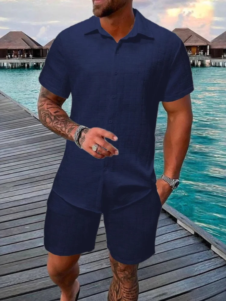 2025 New Summer Men's casual daily outdoor travel solid color jacquard lapel short-sleeved Shirt drawstring Shorts two-piece Set - Image 11