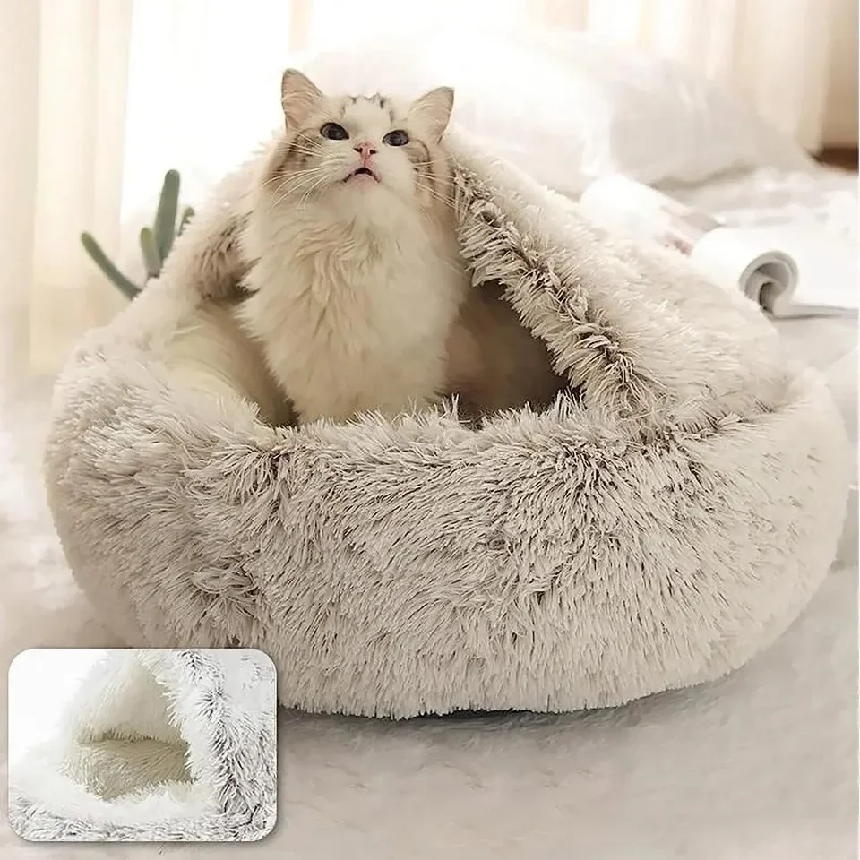 Soft Plush Round Cat Bed Warm Comfortable Winter Long Plush Pet Cat Bed Round Semi Enclosed Cat Nest For Small Dogs Sleep Bag - Image 11