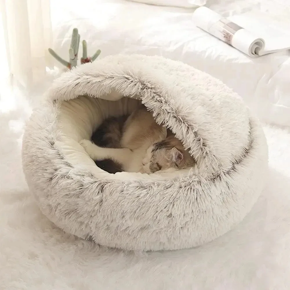 Soft Plush Round Cat Bed Warm Comfortable Winter Long Plush Pet Cat Bed Round Semi Enclosed Cat Nest For Small Dogs Sleep Bag - Image 3