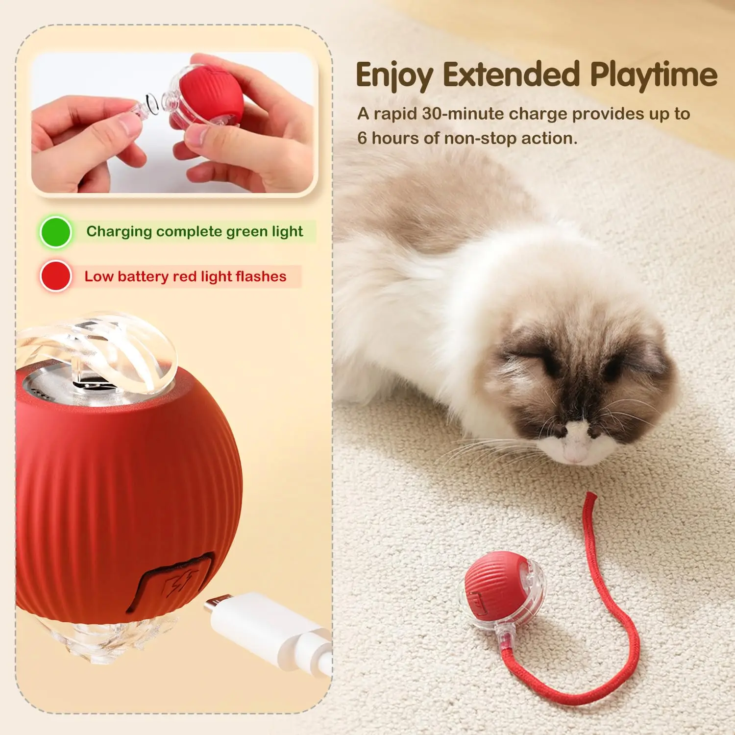 Cat Interactive Ball Toy, Automatic Rolling Ball with Tail, Rechargeable Smart Pet Interactive Toy, Intelligent Mouse for Cat - Image 6