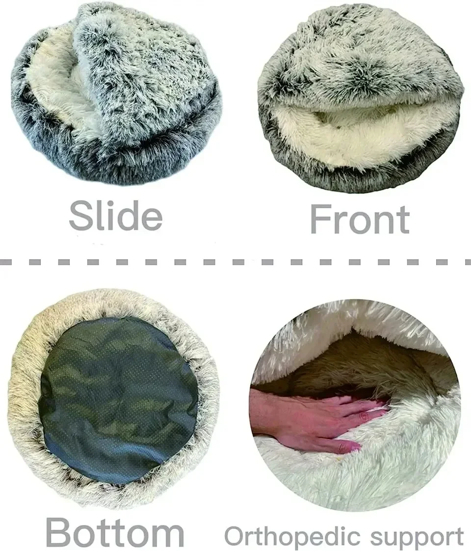 Soft Plush Round Cat Bed Warm Comfortable Winter Long Plush Pet Cat Bed Round Semi Enclosed Cat Nest For Small Dogs Sleep Bag - Image 13