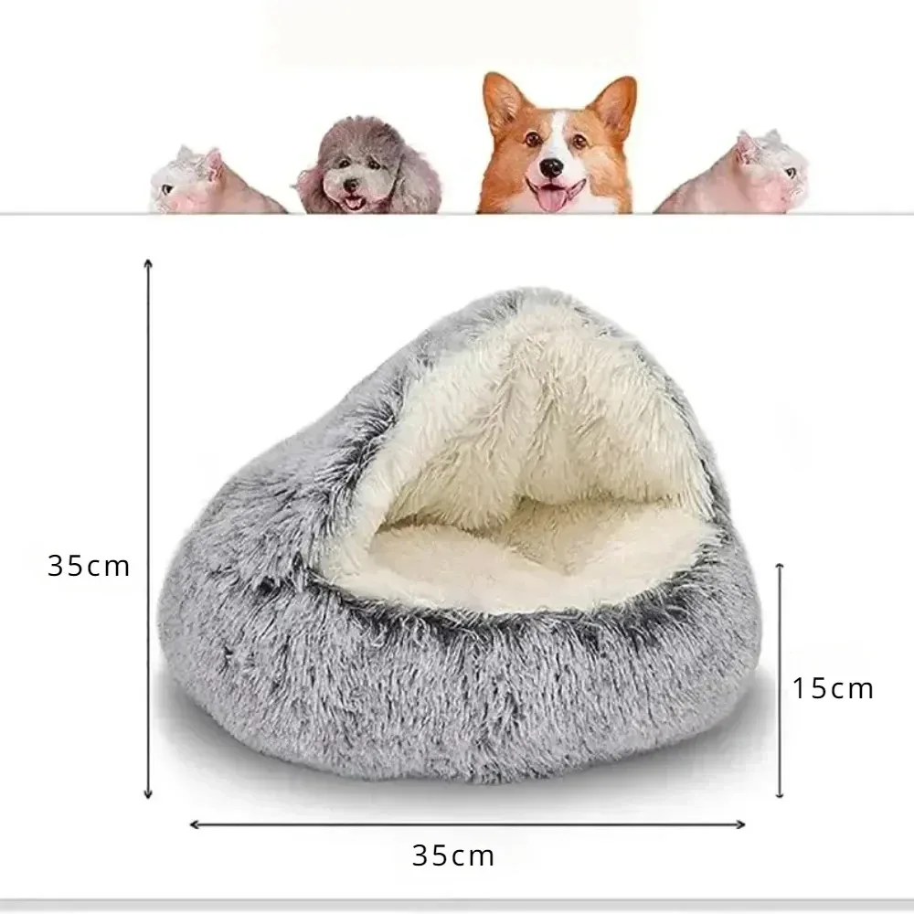 Soft Plush Round Cat Bed Warm Comfortable Winter Long Plush Pet Cat Bed Round Semi Enclosed Cat Nest For Small Dogs Sleep Bag - Image 6