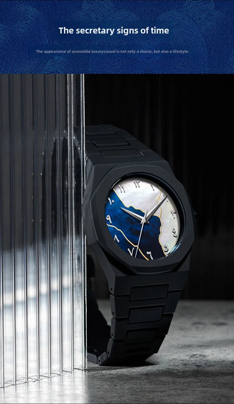 Silver Gray Shell Pattern Polycarbonate Plastic Middle Eastern Arabic Numeral Dial Waterproof Quartz Men's Watch Customized - Image 8