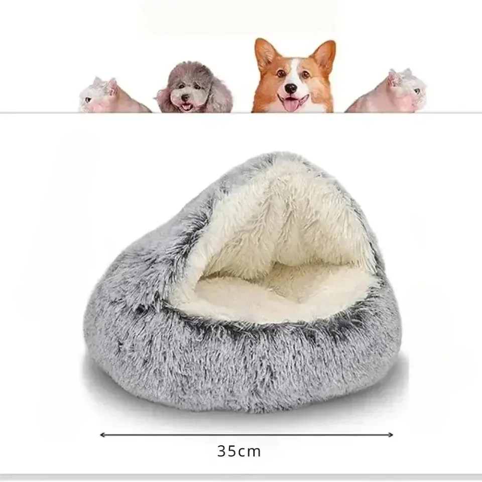 Soft Plush Round Cat Bed Warm Comfortable Winter Long Plush Pet Cat Bed Round Semi Enclosed Cat Nest For Small Dogs Sleep Bag - Image 7
