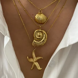 Peri'sbox Minimalist Starfish Stripe Conch Scallop Shaped Pendant Necklace for Women Waterproof Trend Jewelry Summer Beach Party