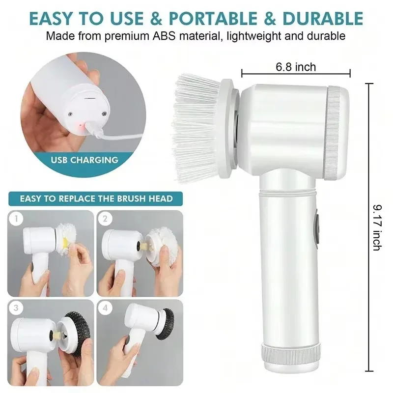 Electric Spin Scrubber Cordless Spin Scrubber with 5 Replaceable Brush Heads and Adjustable Extension Handle,5 in 1CleaningBrush - Image 6