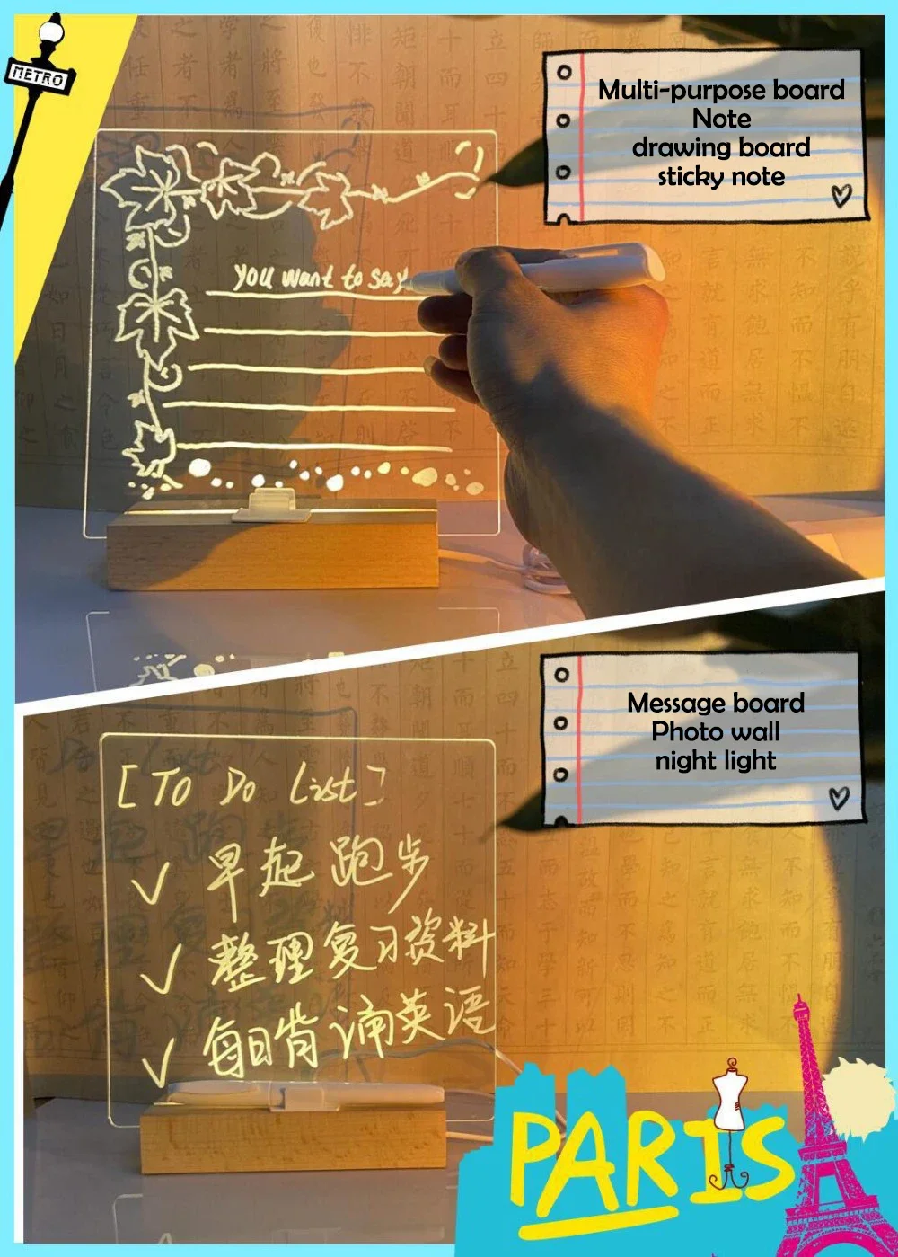 USB LED Light up Acrylic Message Board Erasable Children's Drawing Board CIY Birthday Gift for Kids Bar Advertising Display - Image 12