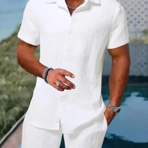 2025 New Summer Men's casual daily outdoor travel solid color jacquard lapel short-sleeved Shirt drawstring Shorts two-piece Set