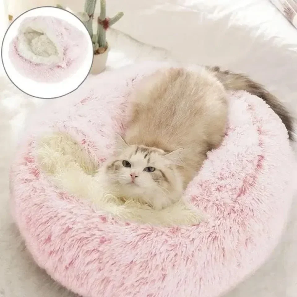 Soft Plush Round Cat Bed Warm Comfortable Winter Long Plush Pet Cat Bed Round Semi Enclosed Cat Nest For Small Dogs Sleep Bag - Image 12
